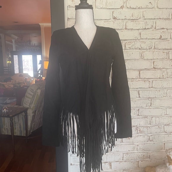 Black Fringe Women's Suede Jacket by HAUTE HIPPIE - Picture 1 of 6